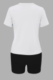 White Black Casual Print Patchwork O Neck Short Sleeve Two Pieces