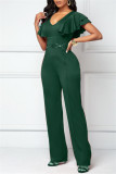 Green Casual Solid Patchwork V Neck Regular Jumpsuits