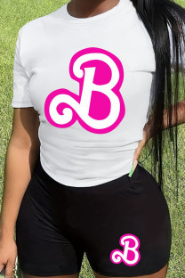 White Black Casual Letter Patchwork O Neck Short Sleeve Two Pieces