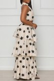 Apricot Casual Dot Print Patchwork Half A Turtleneck Sleeveless Two Pieces