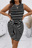 White Red Elegant Striped Bandage Patchwork O Neck Wrapped Skirt Plus Size Dresses