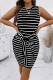 Black And White Elegant Striped Bandage Patchwork O Neck Wrapped Skirt Plus Size Dresses