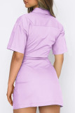 Blue Casual Solid Patchwork Buckle Turndown Collar Dresses