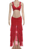 Red Sexy Solid Bandage Backless Asymmetrical Spaghetti Strap Sleeveless Two Pieces