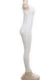 White Sexy Solid Fold V Neck Skinny Jumpsuits