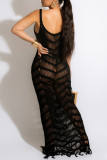 Rose Red Sexy Solid Tassel Patchwork See-through Backless Swimwears Cover Up