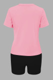 Blue Casual Print Patchwork O Neck Short Sleeve Two Pieces