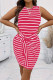 Powder White Elegant Striped Bandage Patchwork O Neck Wrapped Skirt Plus Size Dresses