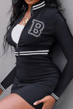 Black Sexy Letter Patchwork Zipper Zipper Collar Wrapped Skirt Dresses