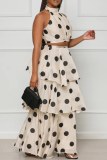 Apricot Casual Dot Print Patchwork Half A Turtleneck Sleeveless Two Pieces