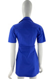 Blue Casual Solid Patchwork Buckle Turndown Collar Dresses