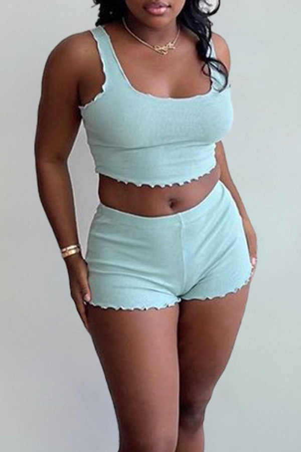 Baby Blue Casual Solid Patchwork Square Collar Sleeveless Two Pieces