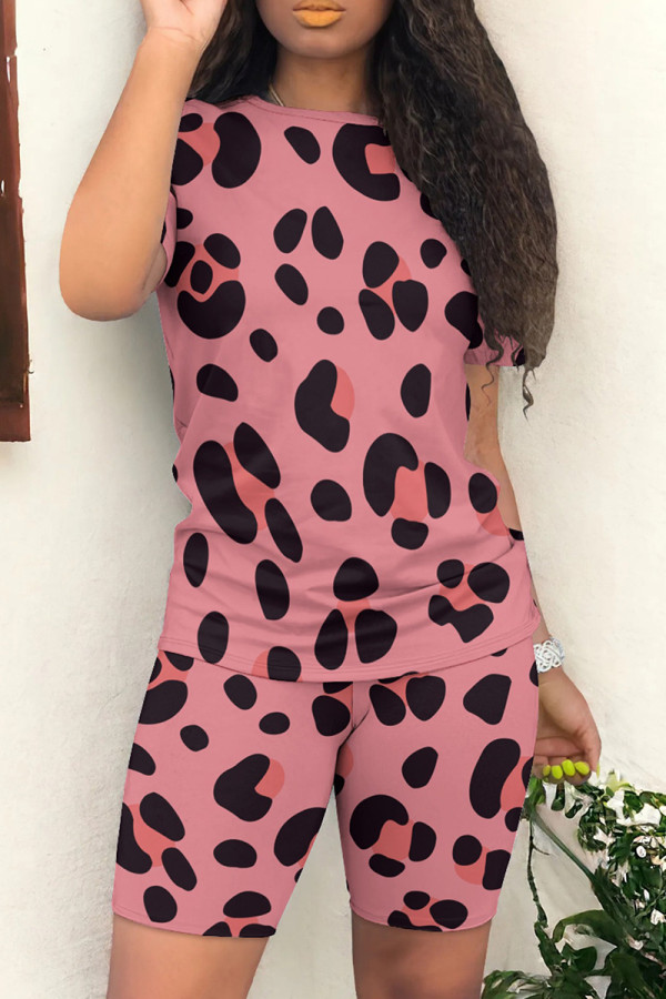 Coral Powder Casual Leopard Patchwork O Neck Short Sleeve Two Pieces