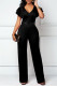 Black Casual Solid Patchwork V Neck Regular Jumpsuits