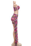 Rose Red Street Color Block Patchwork Backless Asymmetrical Collar Sleeveless Two Pieces