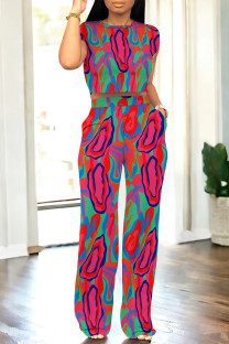 Rose Red Casual Geometric Print Pocket Contrast O Neck Short Sleeve Two Pieces