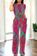 Rose Red Casual Geometric Print Pocket Contrast O Neck Short Sleeve Two Pieces