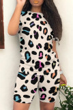 Coral Powder Casual Leopard Patchwork O Neck Short Sleeve Two Pieces