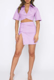 Blue Casual Solid Patchwork Buckle Turndown Collar Dresses