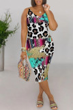 Orange Casual Geometric Print Leopard V Neck Printed Dresses