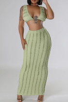 Light Green Elegant Solid Patchwork V Neck Sleeveless Two Pieces