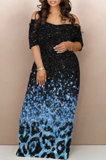 Blue Casual Gradient Geometric Print Contrast Off the Shoulder Printed Dresses