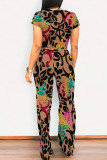 Light Yellow Casual Geometric Print Pocket Contrast O Neck Short Sleeve Two Pieces