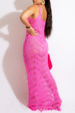Rose Red Sexy Solid Tassel Patchwork See-through Backless Swimwears Cover Up