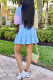 Sky Blue Casual Striped Patchwork Pocket Buckle Pleated Turndown Collar Three Quarter Two Pieces