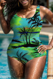 Purple Sexy Print Backless U Neck Plus Size Swimwear