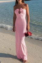 Pink Sexy Solid Backless Strapless Long Dresses