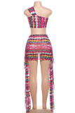 Rose Red Street Color Block Patchwork Backless Asymmetrical Collar Sleeveless Two Pieces