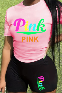Pink Black Casual Print Patchwork O Neck Short Sleeve Two Pieces