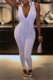 White Sexy Solid Fold V Neck Skinny Jumpsuits