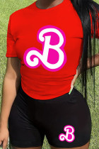 Red Black Casual Letter Patchwork O Neck Short Sleeve Two Pieces
