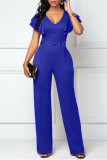 Green Casual Solid Patchwork V Neck Regular Jumpsuits