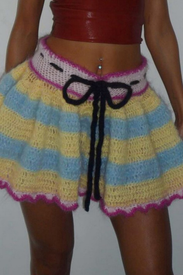 Blue Casual Patchwork Frenulum Contrast Regular Mid Waist Conventional Patchwork Skirt