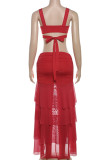 Red Sexy Solid Bandage Backless Asymmetrical Spaghetti Strap Sleeveless Two Pieces