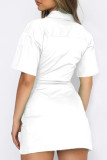 Blue Casual Solid Patchwork Buckle Turndown Collar Dresses