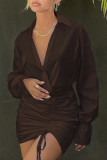 Coffee Casual Solid Patchwork Draw String Fold V Neck Wrapped Skirt Dresses