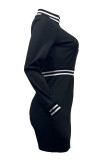 Black Sexy Letter Patchwork Zipper Zipper Collar Wrapped Skirt Dresses