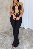 Black Sexy Solid Bandage Hollowed Out Backless Halter Skinny Jumpsuits