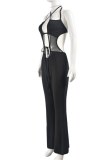 Black Sexy Solid Bandage Hollowed Out Backless Halter Skinny Jumpsuits