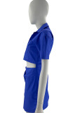 Blue Casual Solid Patchwork Buckle Turndown Collar Dresses