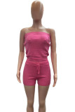Rose Red Sweet Solid Patchwork Draw String Strapless Sleeveless Two Pieces