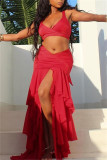 Red Sexy Solid Bandage Backless Asymmetrical Spaghetti Strap Sleeveless Two Pieces