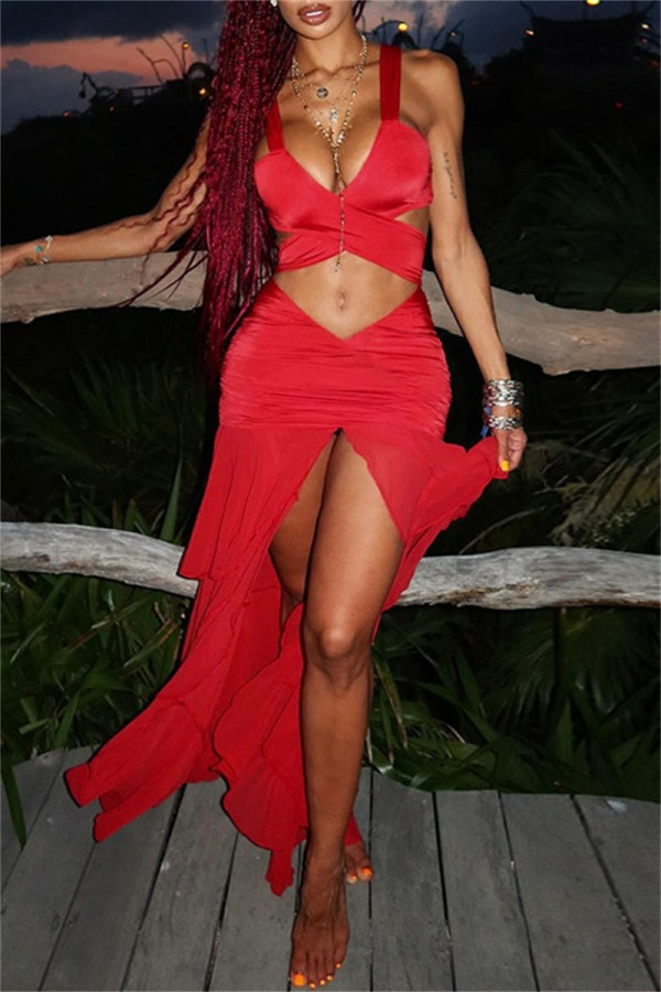 Red Sexy Solid Bandage Backless Asymmetrical Spaghetti Strap Sleeveless Two Pieces