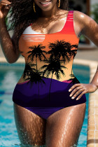 Orange Purple Sexy Print Backless U Neck Plus Size Swimwear