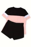 Yellow Casual Patchwork Contrast O Neck Short Sleeve Two Pieces