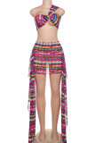 Rose Red Street Color Block Patchwork Backless Asymmetrical Collar Sleeveless Two Pieces